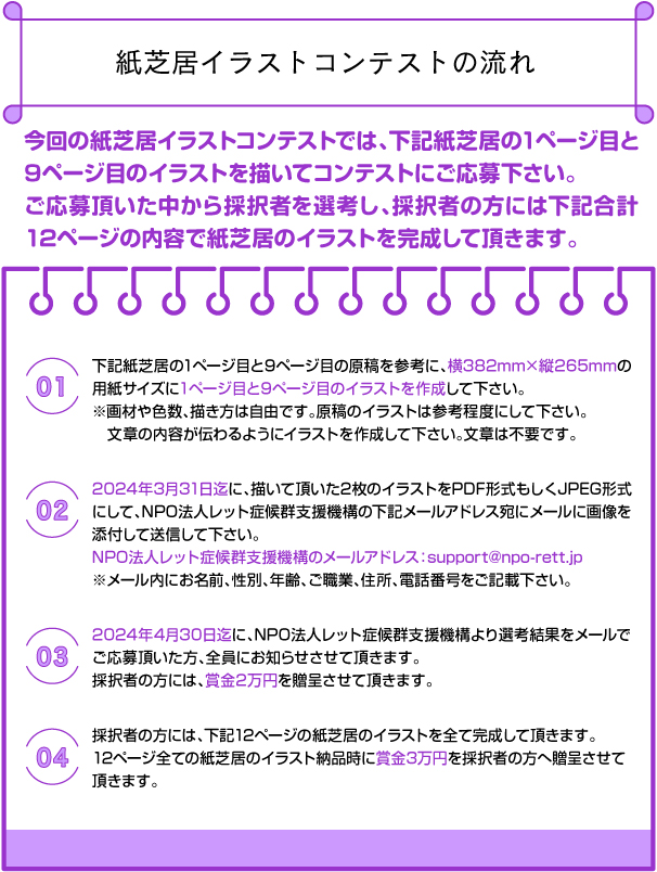 下記紙芝居の1ページ目と9ページ目で使用するイラストを描いてご応募下さい。