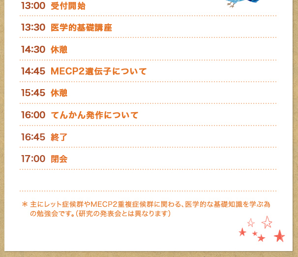 １３：００〜受付開始
１３：３０　医学的基礎講座
１４：３０　休憩
１４：４５　MECP2遺伝子について
１５：４５　休憩
１６：００　てんかん発作について
１６：４５　終了
１７：００　閉会