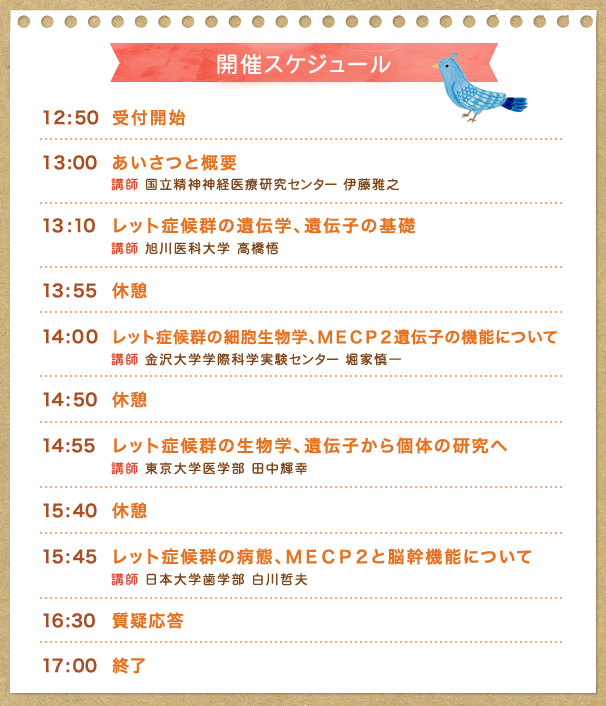 １２：１５〜受付開始１３：００〜１３：１０ あいさつと概要 (講師：国立精神神経医療研究センター 伊藤雅之)１３：１０〜１３：５５ レット症候群の遺伝学、遺伝子の基礎 (講師：旭川歯科大学 高橋悟) １３：５５〜１４：００ 休憩 １４：００〜１４：５０ レット症候群の細胞生物学、ＭＥＣＰ２遺伝子の機能について (講師：金沢大学学際科学実験センター 堀家慎一) １４：５０〜１４：５５ 休憩 １４：５５〜１５：４０ レット症候群の生物学、遺伝子から個体の研究へ(講師：東京大学医学部 田中輝幸)１５：４０〜１５：４５ 休憩１５：４５〜１６：３０ レット症候群の病態、ＭＥＣＰ２と脳幹機能について (講師：日本大学医学部 白川哲夫)１６：３０〜１６：５０ 質疑応答１７：００ 終了